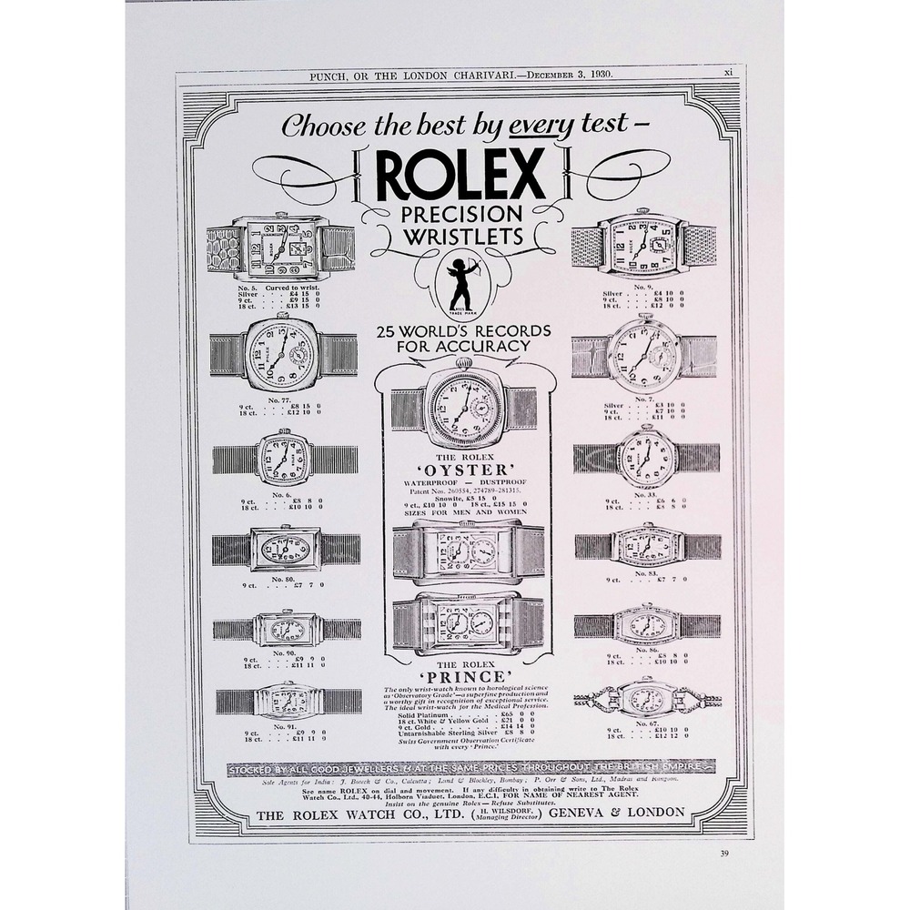 Rolex Oyster Prince Precision Wristlets Punch Ad Original Book Page Wall Art